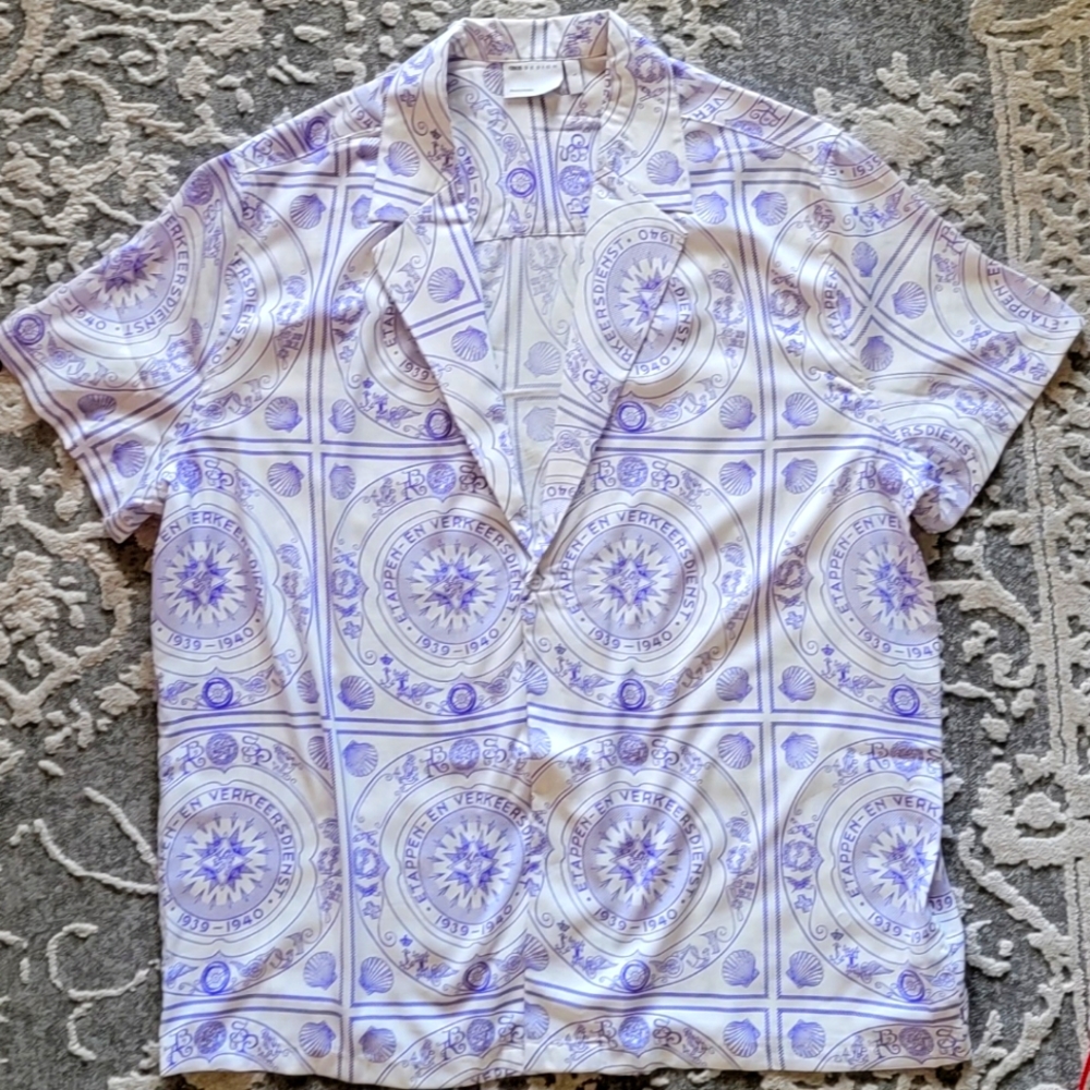 Nautical Print Short Sleeve One-Button Camp Shirt